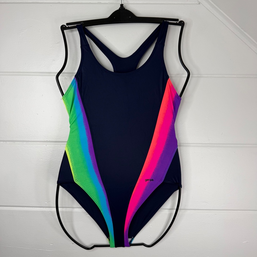 Vintage Garupa Swimsuit One Piece Swim Navy Blue Pink Vibrant Colors Back NEW